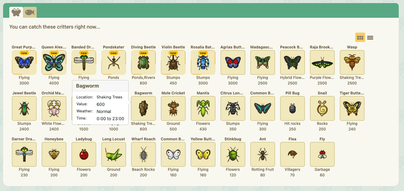 Image of the critter tracker grid view and tooltip.